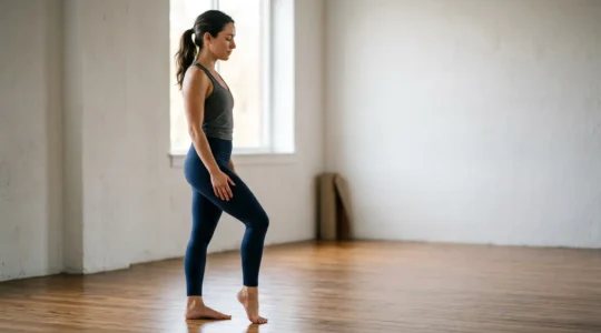 Athlete performing gentle recovery movement in natural light