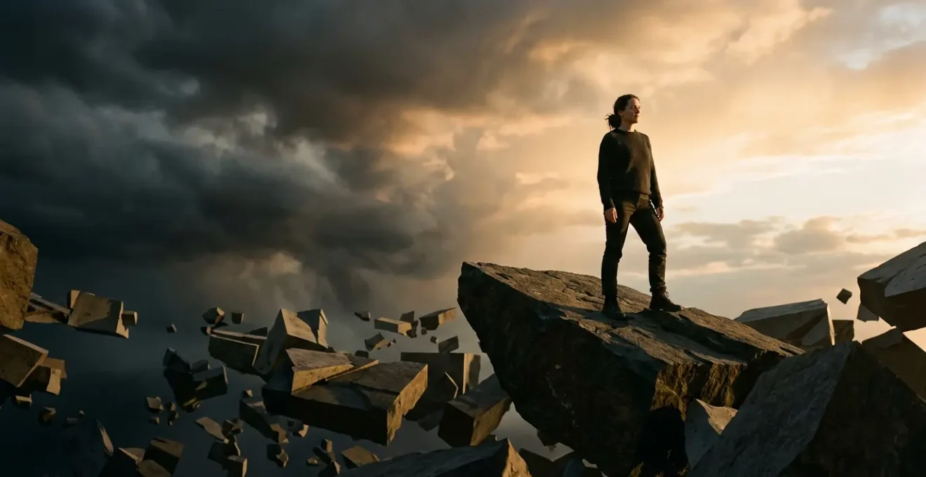 A person standing firmly on shifting geometric terrain under dramatic sky, symbolizing mental resilience during chaos