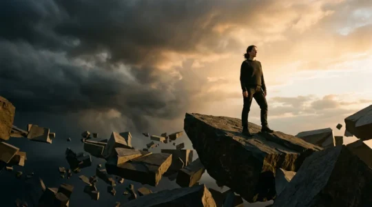 A person standing firmly on shifting geometric terrain under dramatic sky, symbolizing mental resilience during chaos