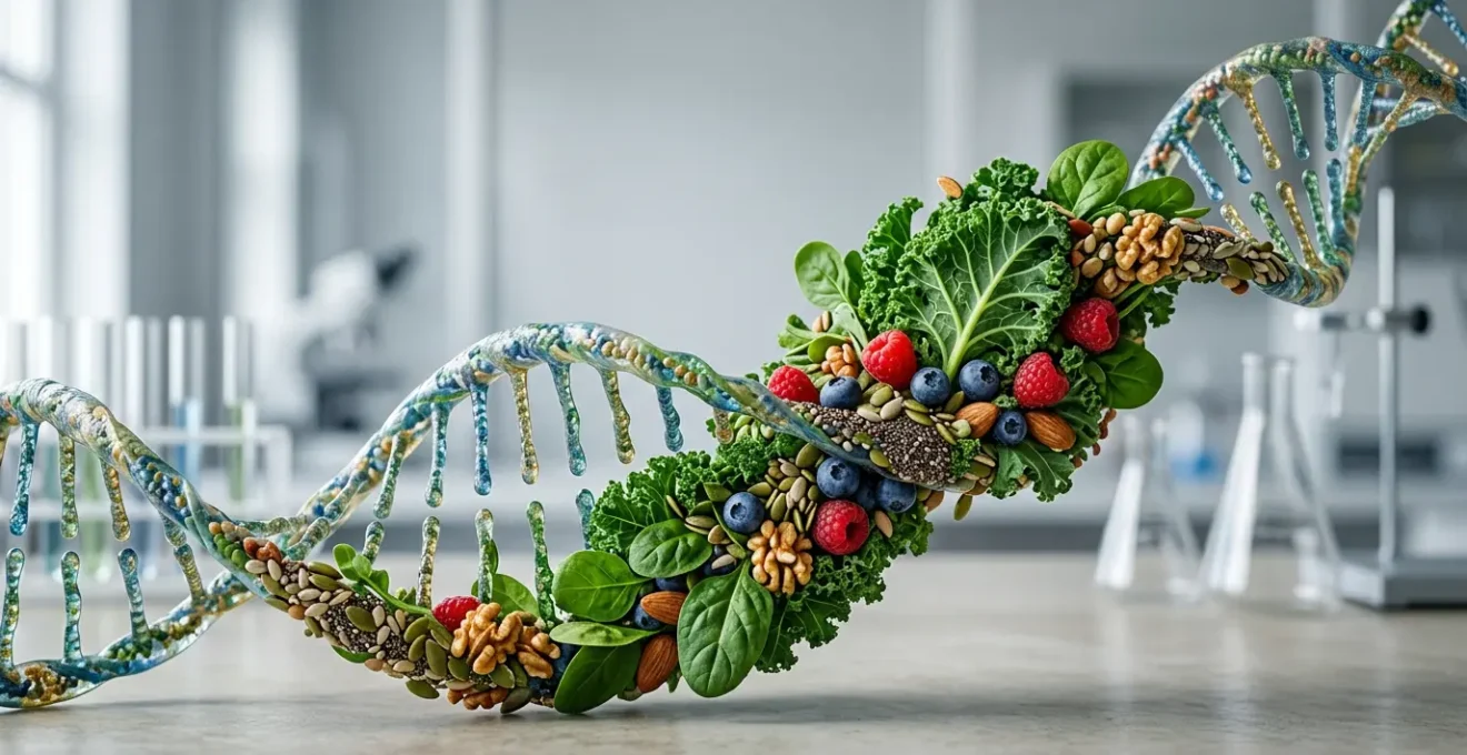 Scientist examining DNA helix strands intertwined with fresh vegetables and fruits in a laboratory setting