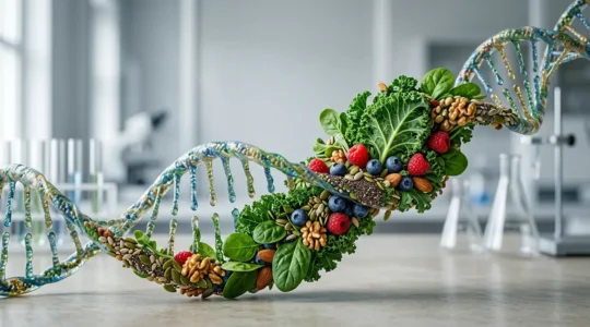 Scientist examining DNA helix strands intertwined with fresh vegetables and fruits in a laboratory setting