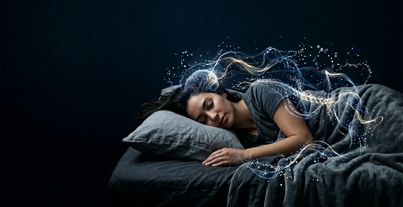 Professional editorial photograph depicting deep sleep and cellular restoration