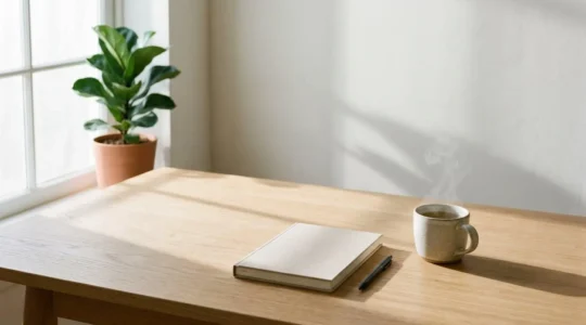 Professional workspace showing the contrast between digital disconnection and focused deep work through environmental minimalism