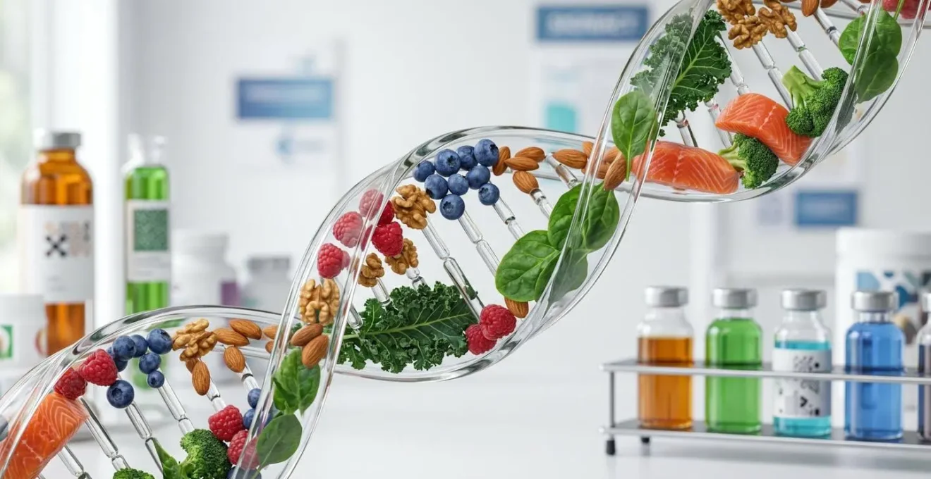 Abstract visualization of DNA strands intertwined with fresh natural foods representing personalized nutrition through genetic mapping
