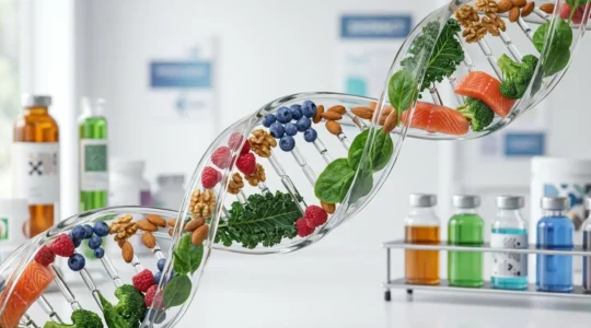 Abstract visualization of DNA strands intertwined with fresh natural foods representing personalized nutrition through genetic mapping
