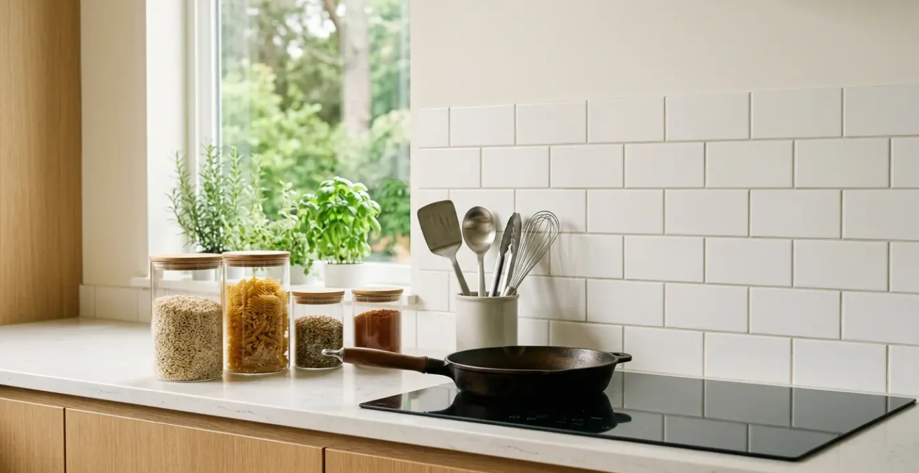 Modern kitchen counter with glass storage containers and stainless steel cookware arranged in natural window light