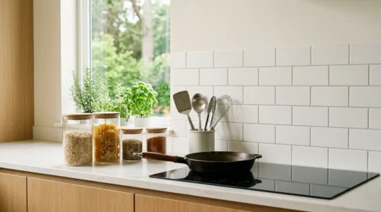 Modern kitchen counter with glass storage containers and stainless steel cookware arranged in natural window light