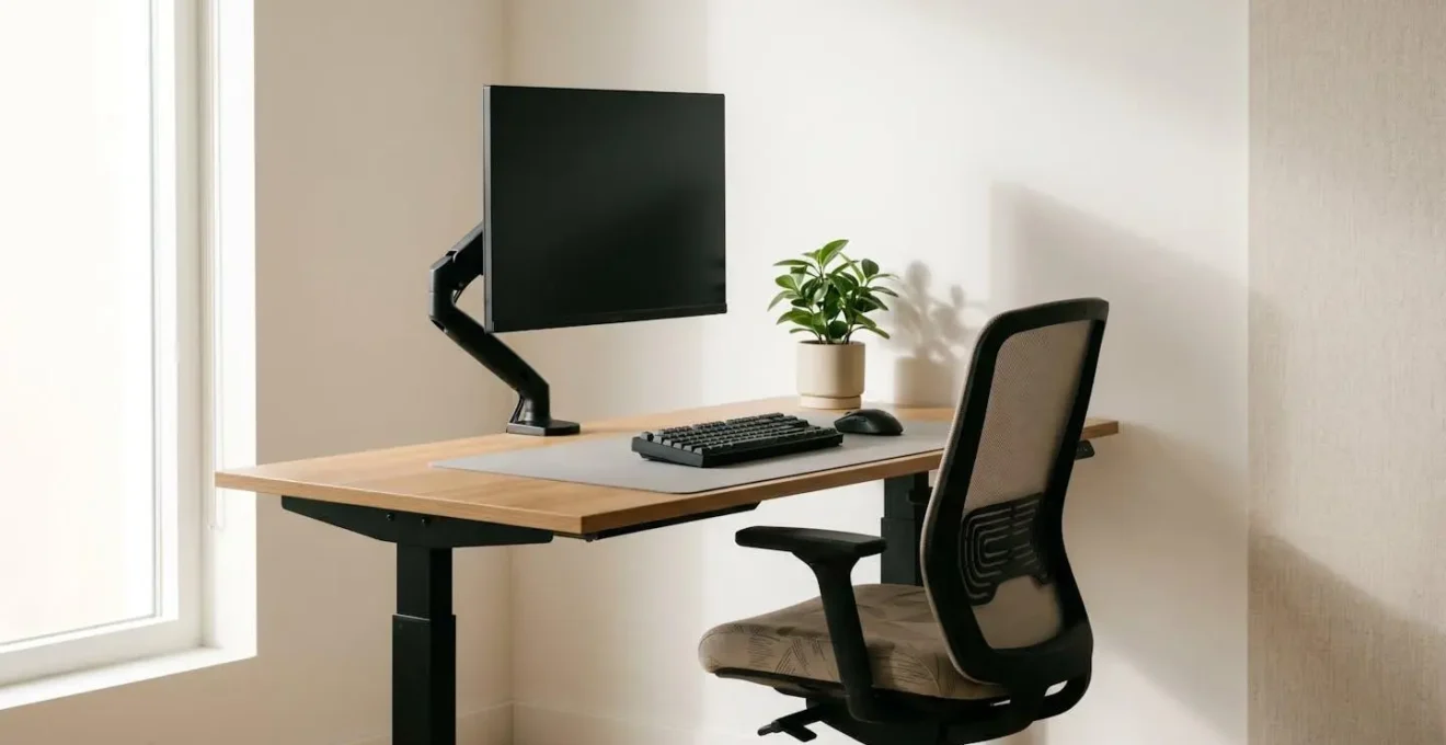 Modern ergonomic office workspace with adjustable desk and proper monitor positioning to prevent fatigue