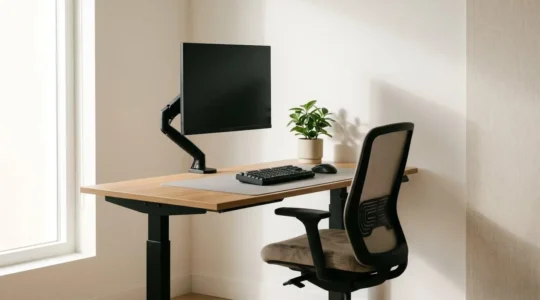 Modern ergonomic office workspace with adjustable desk and proper monitor positioning to prevent fatigue
