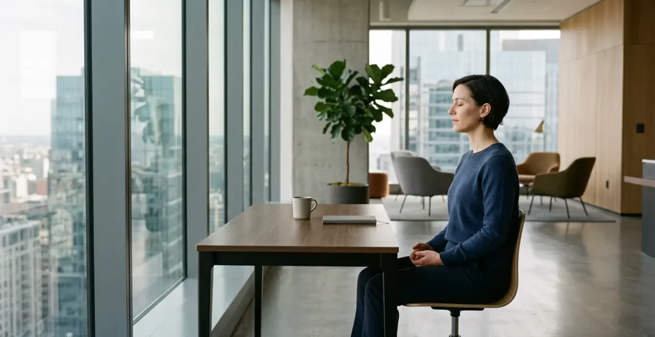 Professional executive practicing mindfulness meditation in modern minimalist office environment
