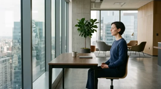 Professional executive practicing mindfulness meditation in modern minimalist office environment