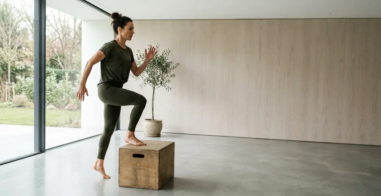 Person performing functional movement exercise with natural body mechanics in everyday setting