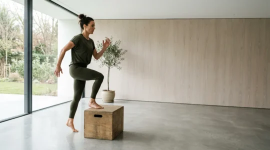 Person performing functional movement exercise with natural body mechanics in everyday setting