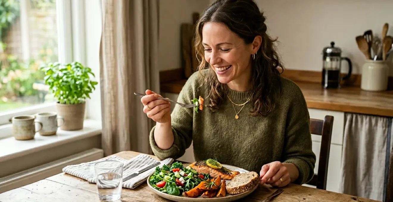 Person enjoying a balanced meal with visible vegetables, protein, and carbohydrates in natural lighting, representing mindful glucose management without restriction