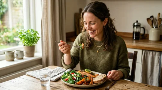 Person enjoying a balanced meal with visible vegetables, protein, and carbohydrates in natural lighting, representing mindful glucose management without restriction