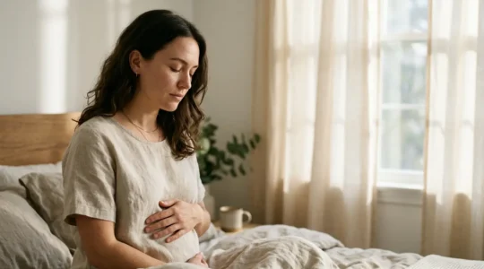 Woman experiencing stress and hormonal imbalance, seeking natural restoration methods