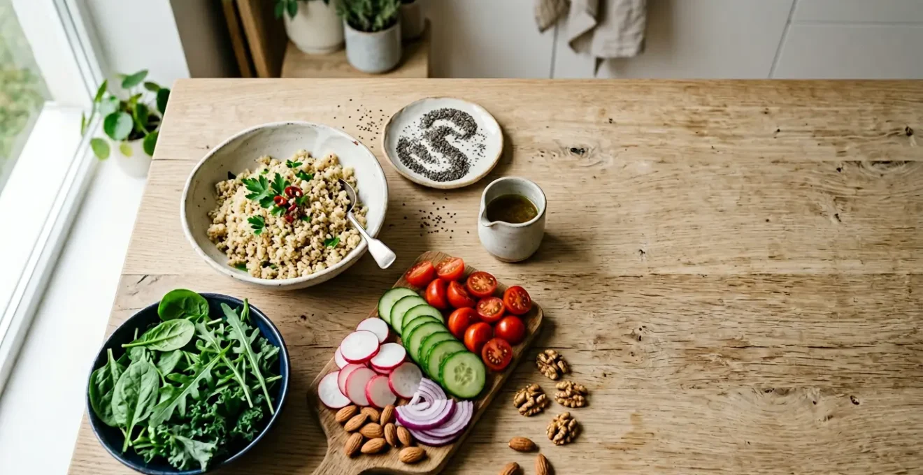 Editorial food photography showing low-glycemic ingredients arranged on a clean surface with natural lighting and negative space