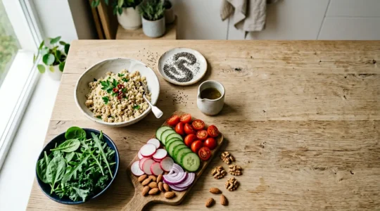 Editorial food photography showing low-glycemic ingredients arranged on a clean surface with natural lighting and negative space