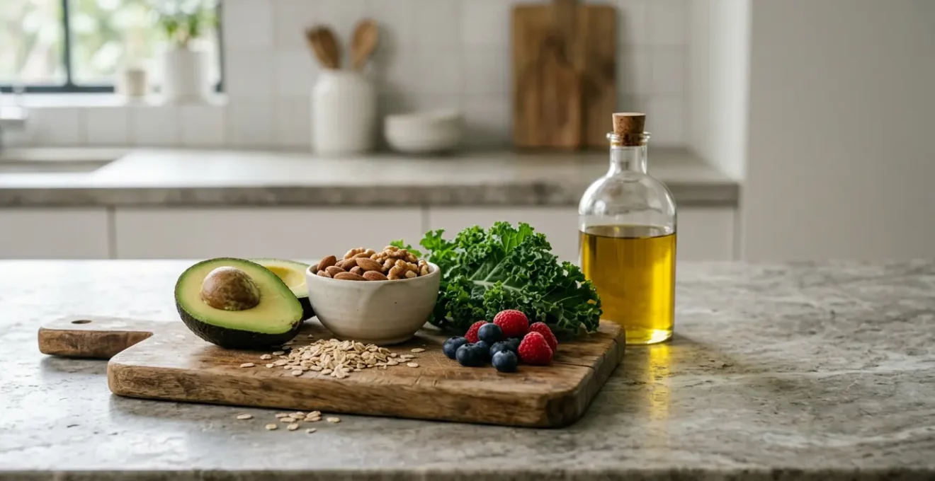 Natural whole foods rich in healthy fats and fiber arranged on a wooden cutting board for heart health and cholesterol management