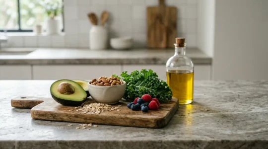 Natural whole foods rich in healthy fats and fiber arranged on a wooden cutting board for heart health and cholesterol management