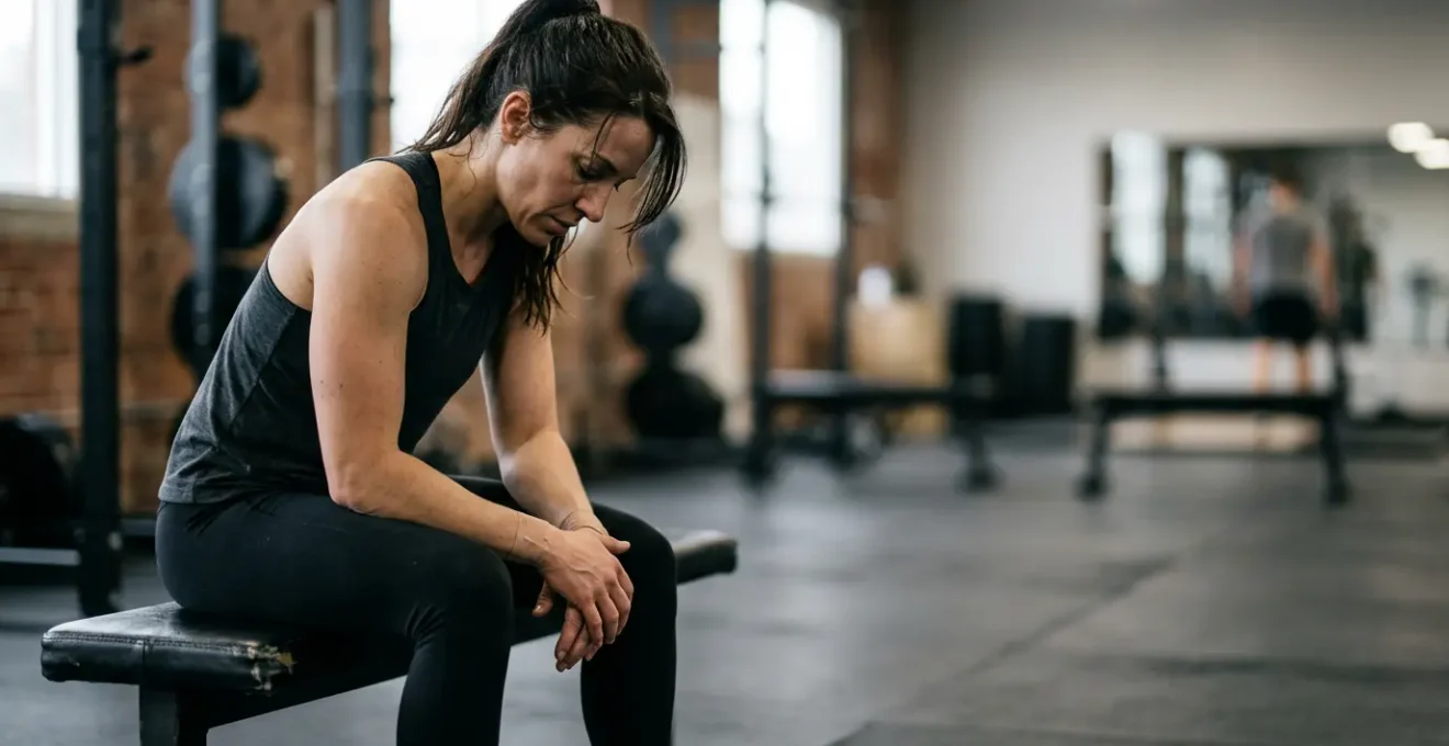 Person experiencing frustration and physical discomfort during repetitive workout routine