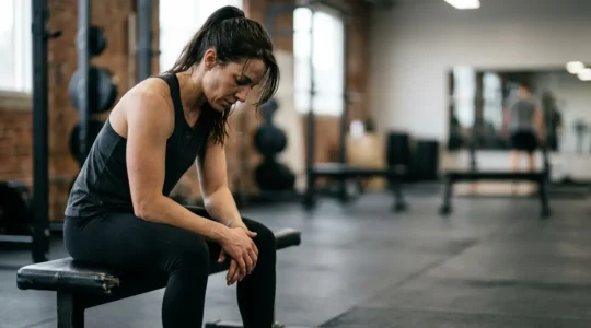 Person experiencing frustration and physical discomfort during repetitive workout routine