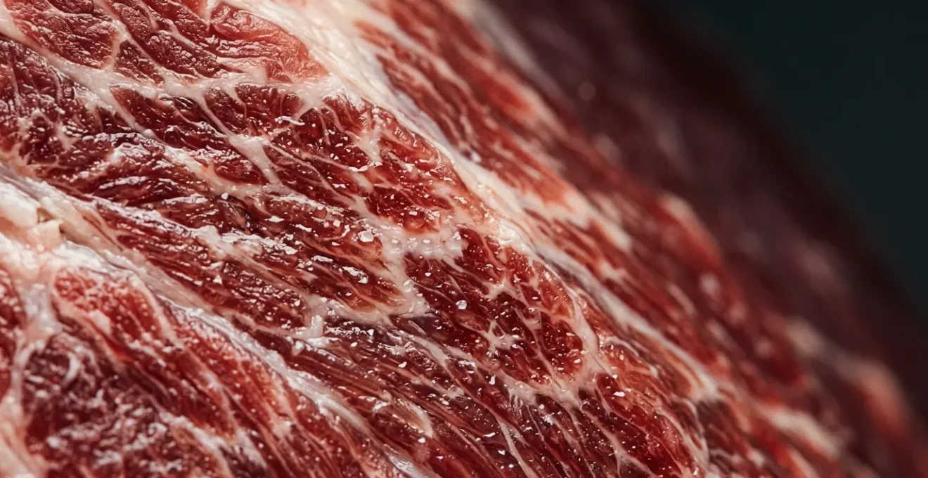 Anatomical cross-section showing muscle fiber structure with visible mitochondria and energy pathways illustrating metabolic activity