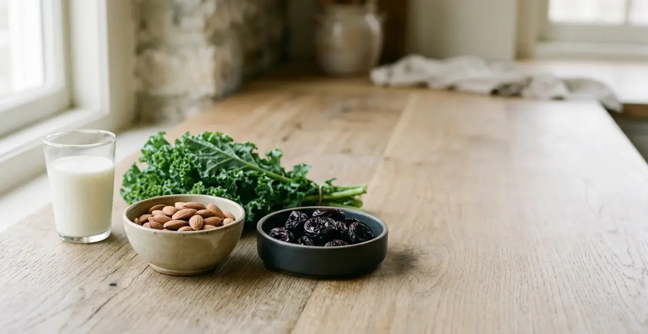 Editorial photograph showcasing natural bone health through nutritional and lifestyle elements