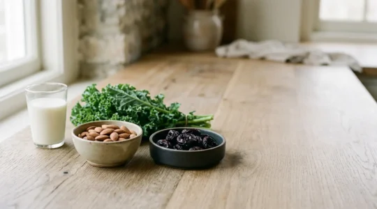 Editorial photograph showcasing natural bone health through nutritional and lifestyle elements