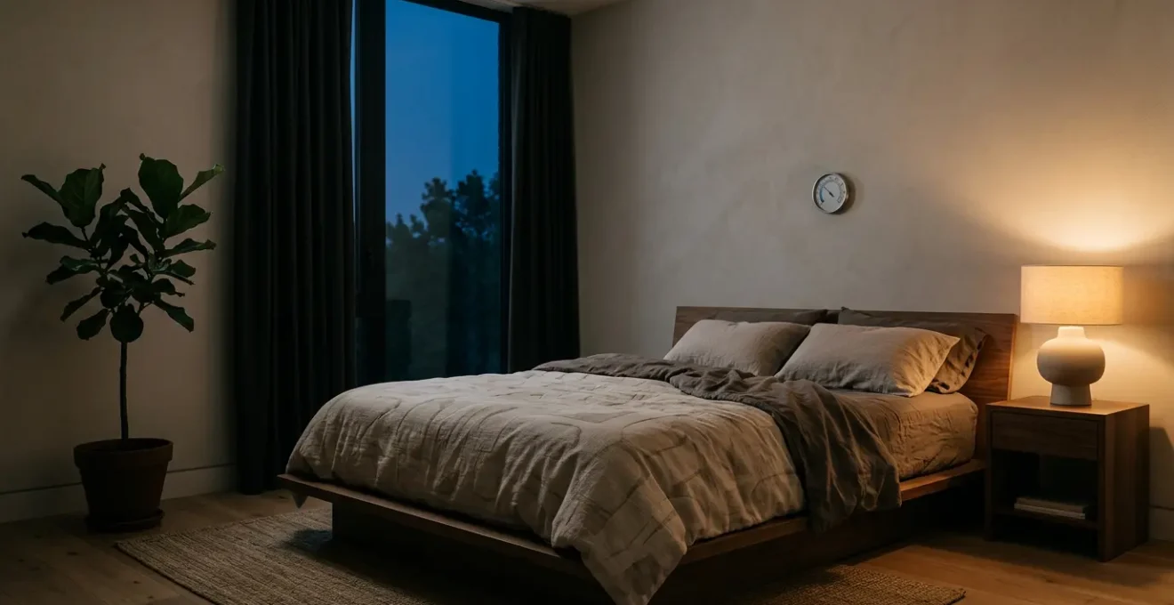 Peaceful bedroom scene with natural elements supporting circadian rhythm and restful sleep