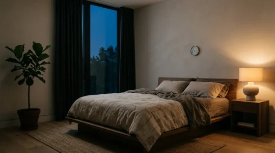 Peaceful bedroom scene with natural elements supporting circadian rhythm and restful sleep