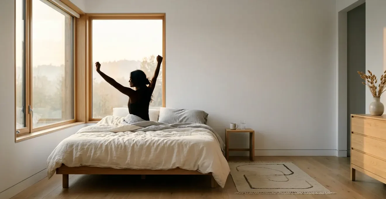 Person waking naturally at sunrise in minimalist bedroom with golden morning light streaming through window