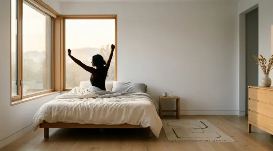 Person waking naturally at sunrise in minimalist bedroom with golden morning light streaming through window