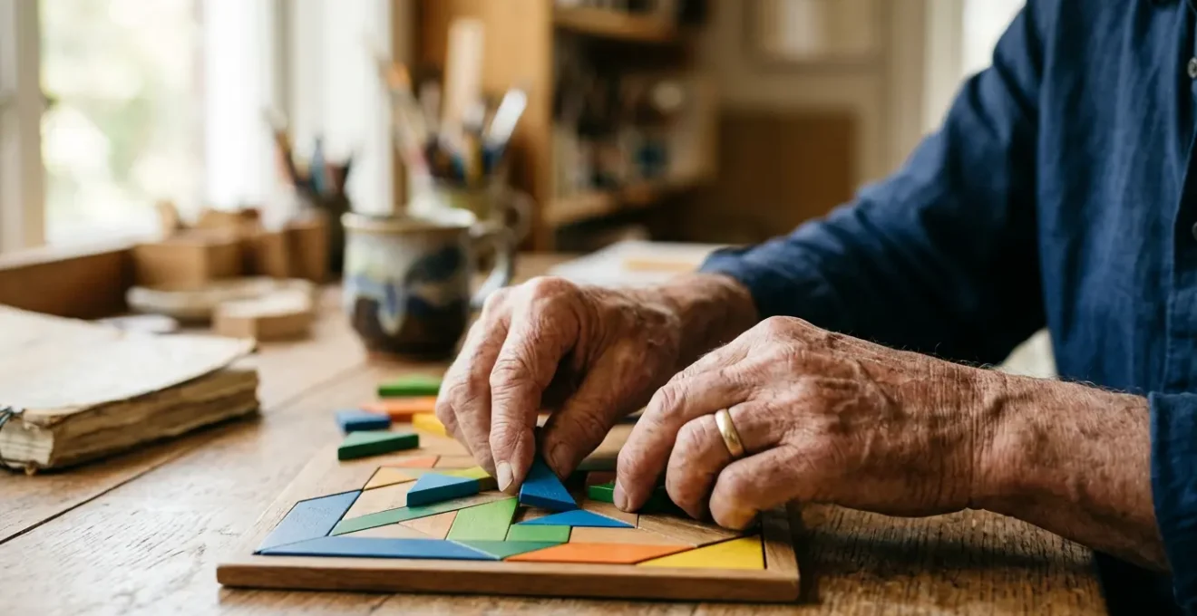 Mature hands engaged in creative problem-solving activity symbolizing neuroplasticity and cognitive vitality in older adults