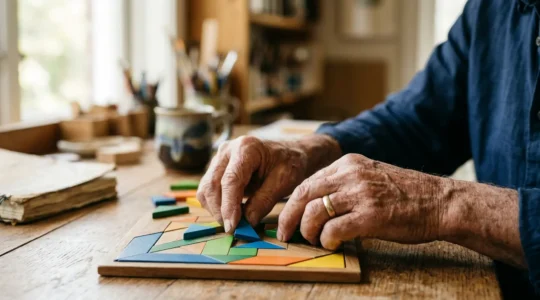 Mature hands engaged in creative problem-solving activity symbolizing neuroplasticity and cognitive vitality in older adults