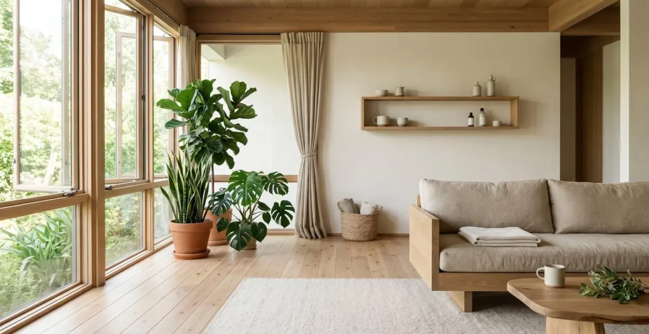 Serene modern living room bathed in soft natural light with minimal furniture and abundant natural textiles creating a calm breathable atmosphere