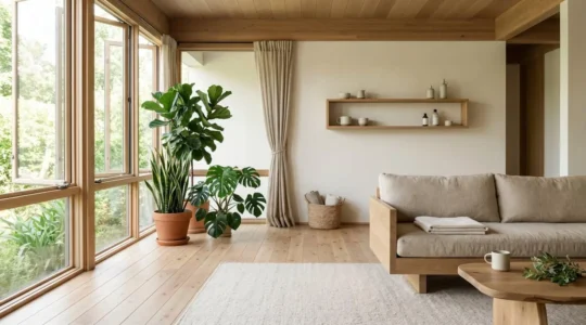 Serene modern living room bathed in soft natural light with minimal furniture and abundant natural textiles creating a calm breathable atmosphere
