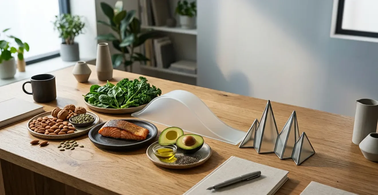 Professional editorial photograph showing a conceptual nutritional workspace with balanced whole foods and sustained energy visualization