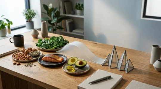 Professional editorial photograph showing a conceptual nutritional workspace with balanced whole foods and sustained energy visualization
