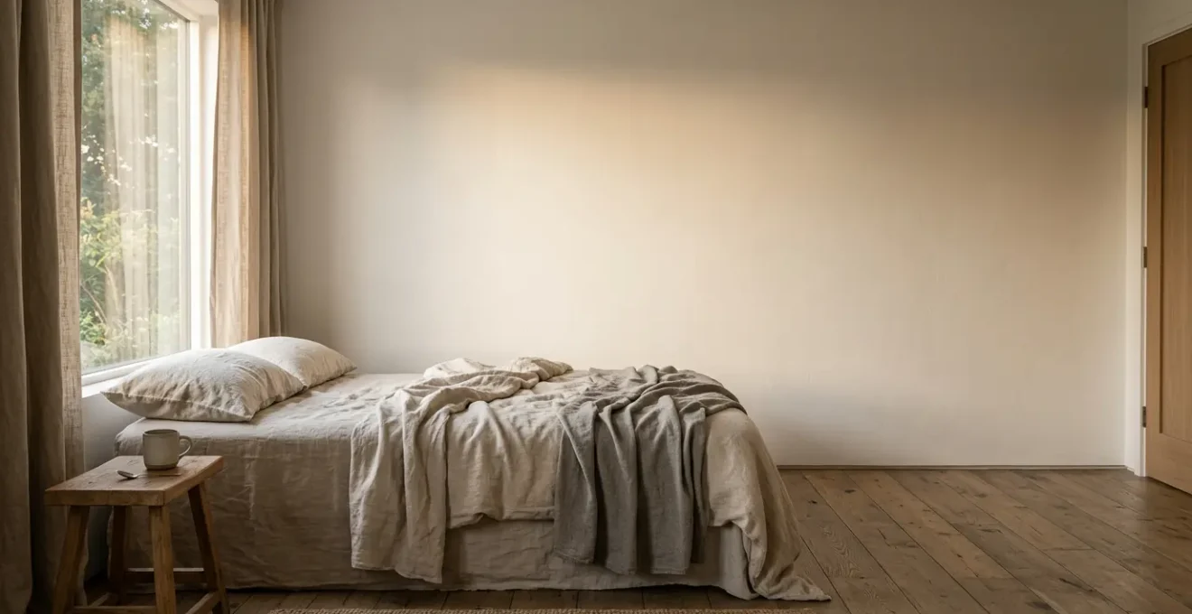 Serene bedroom scene with soft natural light promoting deep rest and nervous system relaxation before sleep