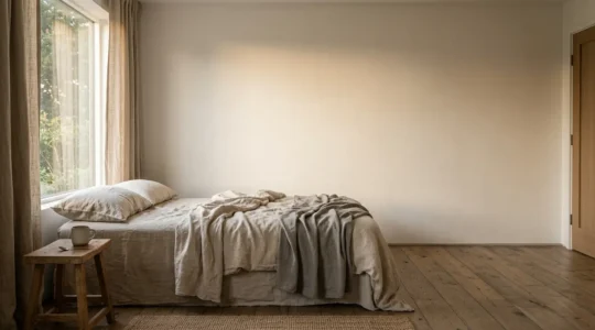 Serene bedroom scene with soft natural light promoting deep rest and nervous system relaxation before sleep