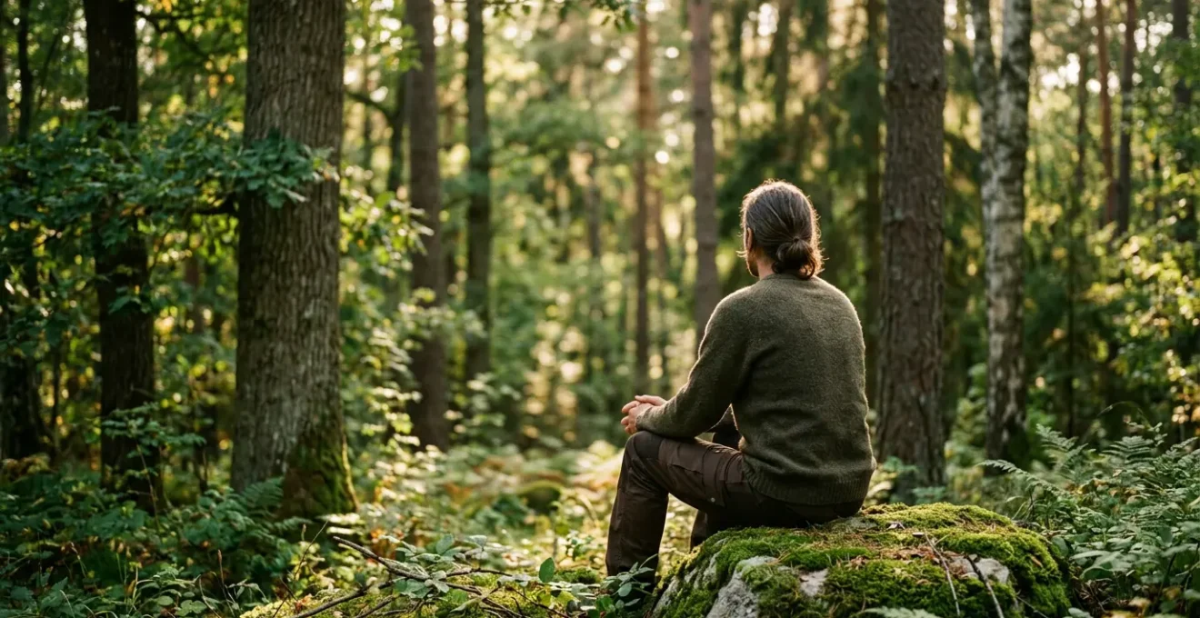 Person in serene forest setting practicing mindful nature immersion during golden hour