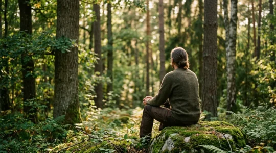 Person in serene forest setting practicing mindful nature immersion during golden hour