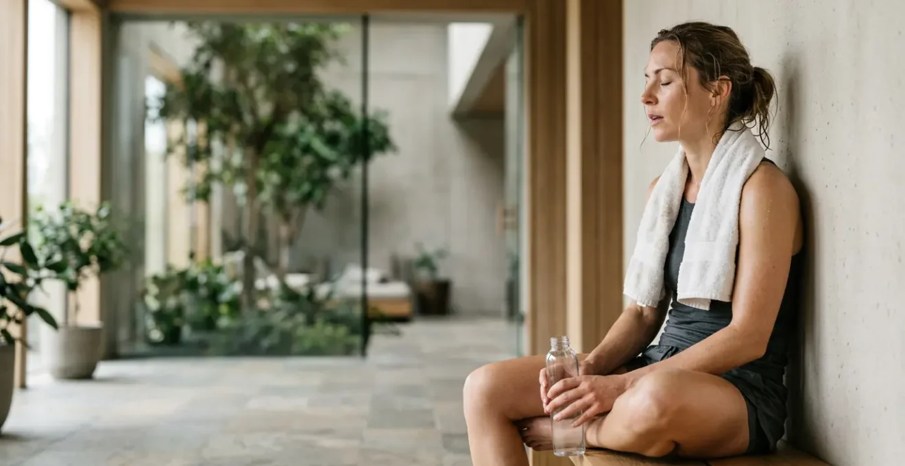 Athletic individual experiencing post-workout muscle recovery in natural setting