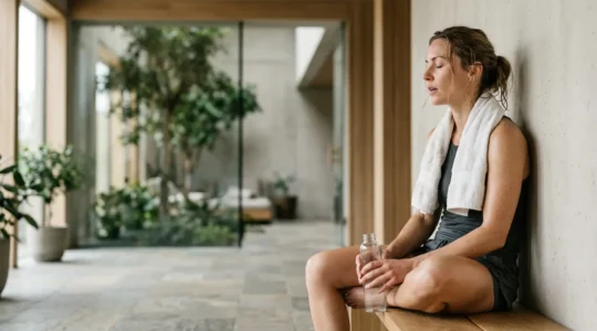 Athletic individual experiencing post-workout muscle recovery in natural setting