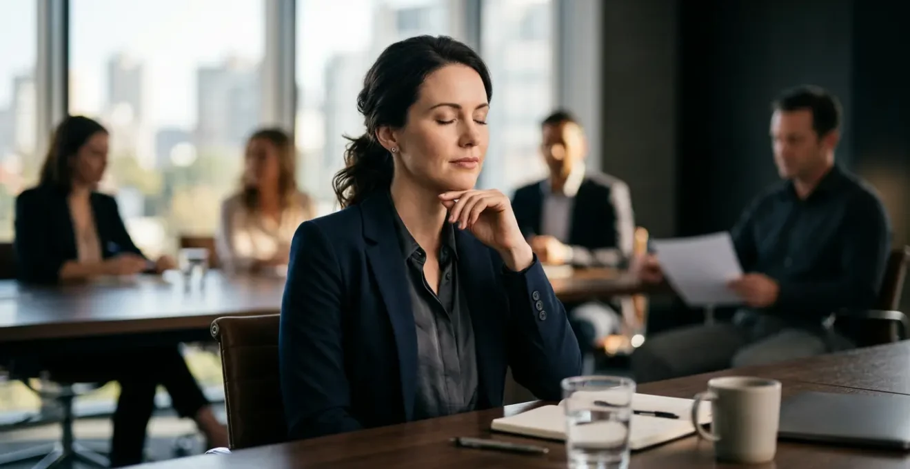Professional breathing deeply during intense business meeting with colleagues in modern office environment