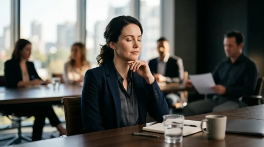 Professional breathing deeply during intense business meeting with colleagues in modern office environment