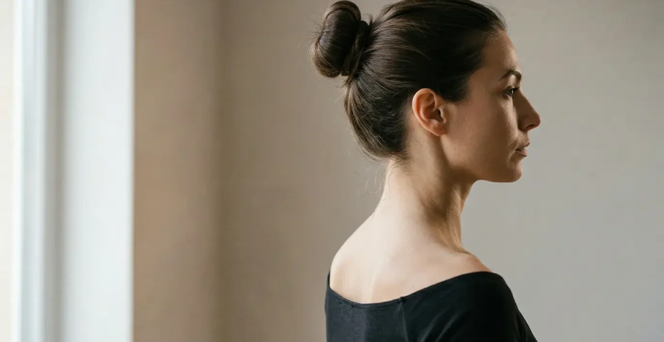 Professional editorial photograph showing the human cervical spine and neck musculature in natural context