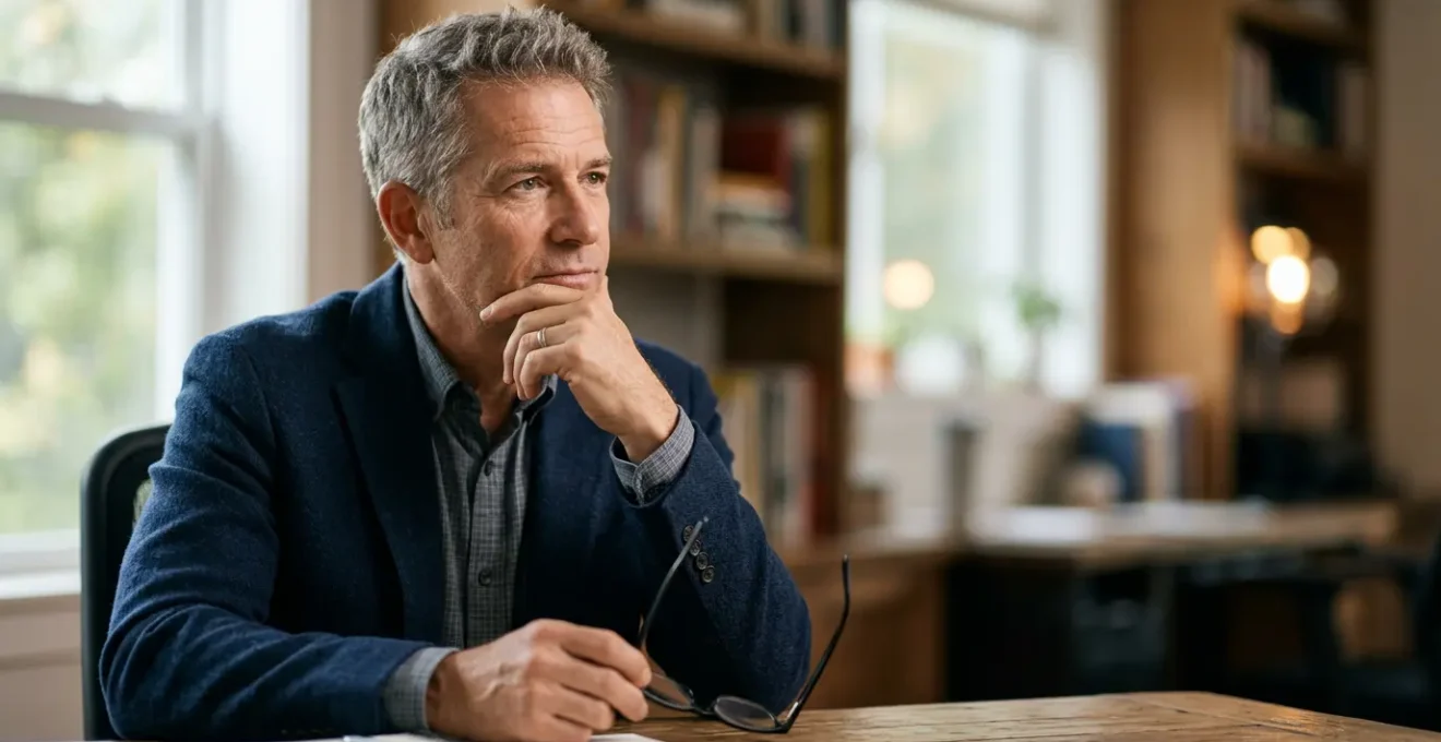 Mature professional engaged in focused problem-solving with confident expression and natural lighting