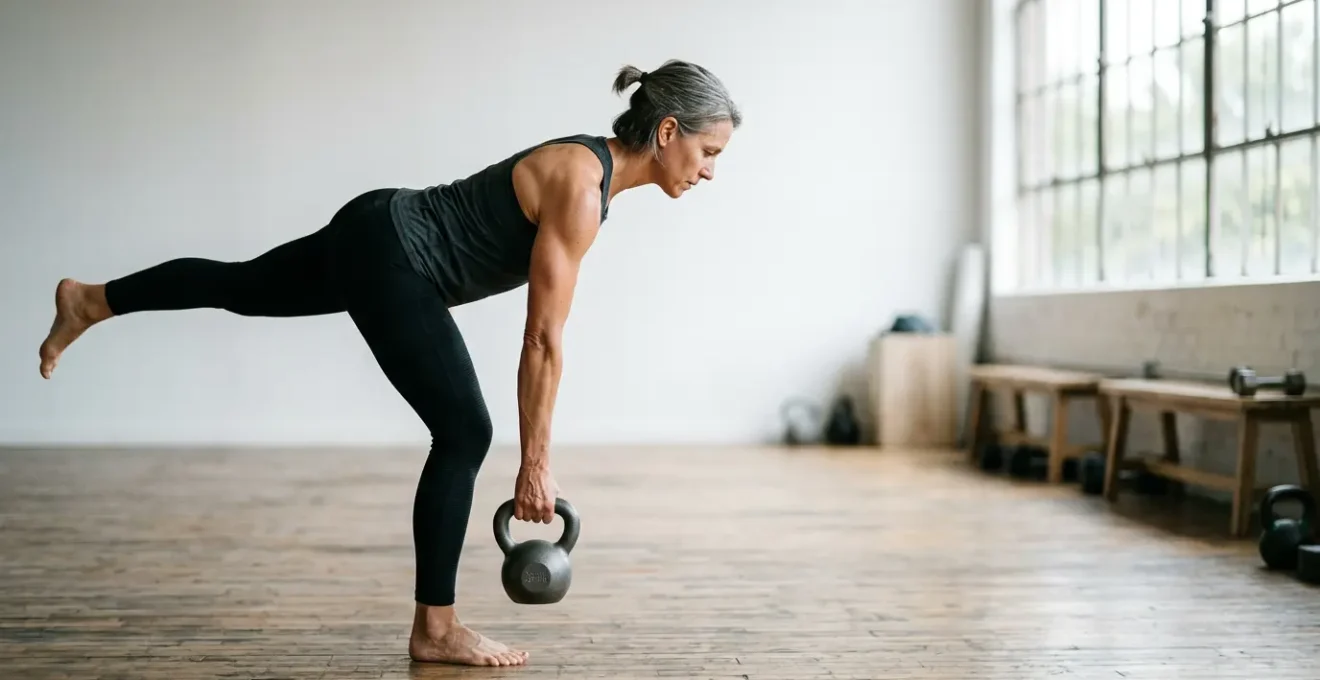 Athletic mature adult performing functional strength movement in natural light gym setting